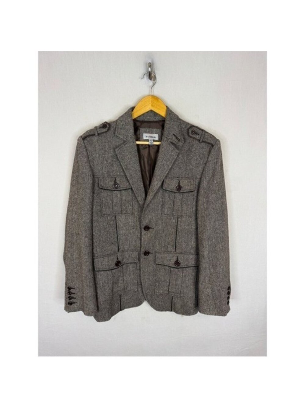 Le Chateau Mens Brown Tweed Military Safari Blazer Jacket Size M Epaulets